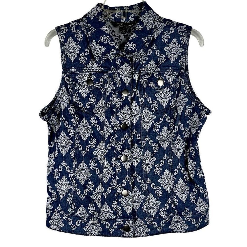 Baccini Floral Denim Style Sleeveless Button Down Collard Vest Large
